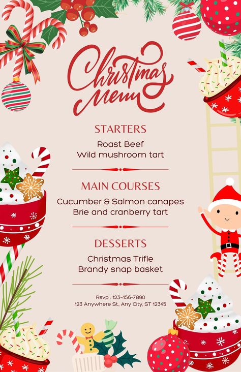 Red and White Illustrative Christmas Menu - Templates by Canva Event Menu Design, Salmon Canapes, Christmas Menu Template, Personalized Menu Cards, Mushroom Tart, Cranberry Tart, Christmas Trifle, Brandy Snaps, Event Menu