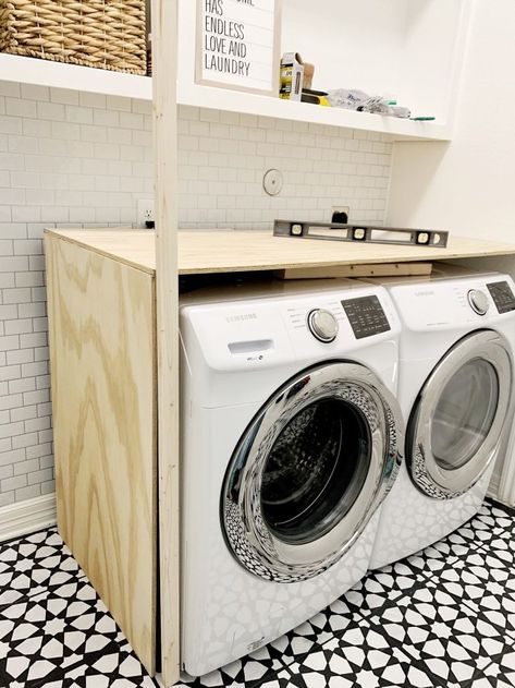 Washer And Dryer Enclosure Diy, Laundry Room Shelves Between Cabinets, Dark Blue Washer And Dryer Laundry Room, Diy Over Washer And Dryer Counter, Diy Built In Washer And Dryer, Plywood Laundry Countertop, Waterfall Laundry Countertop, Butcher Block Washer And Dryer, Diy Butcher Block Laundry Counter