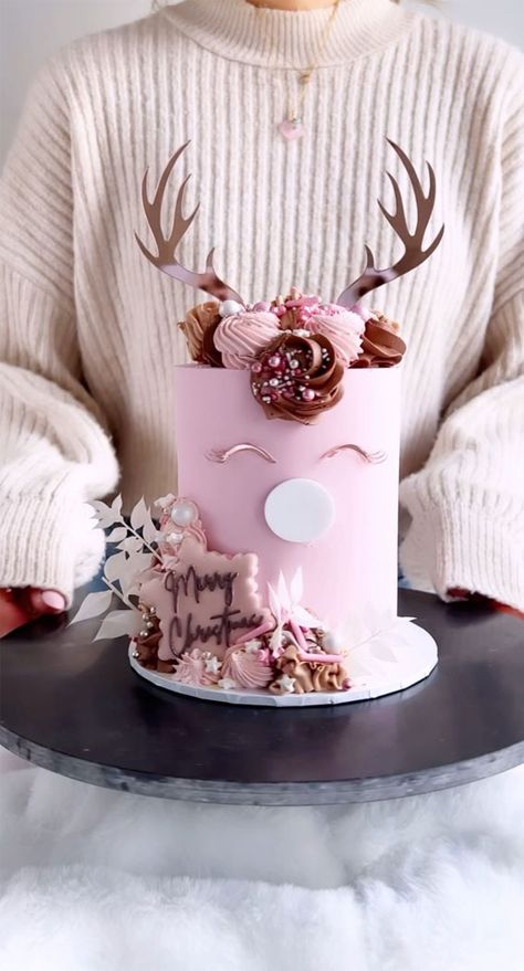 Pink Reindeer Cake, Christmas cake, winter cake, winter cake ideas, Christmas tree cake Winter Cake Ideas, Rudolph Cake, Reindeer Cake, Pink Reindeer, Reindeer Cakes, Sprinkles Cake, Christmas Themed Cake, Christmas Treats Boxes, Cake Christmas