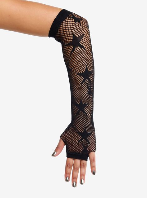 Show off your star power  baddie! These black fishnet arm warmers feature an allover star design.PolyesterImported Fishnet Arm Warmers, Shark Crochet, Silly Clothes, Alt Clothes, Star Clothing, Tall Hoodies, Crochet Fingerless Gloves, Black Fishnets, Star Design