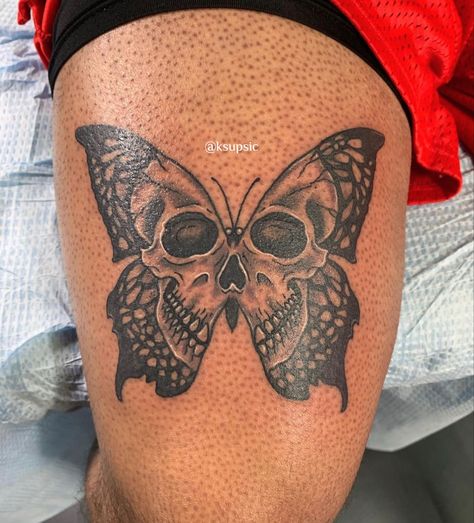 Skeleton Neck Tattoo, Thigh Cover Up Tattoo Women, Butterfly Skeleton Tattoo, Skeleton Butterfly Tattoo, Paradox Tattoo, Butterfly Skull Tattoo, Butterfly Skeleton, Skull Butterfly Tattoo, Skeleton Butterfly