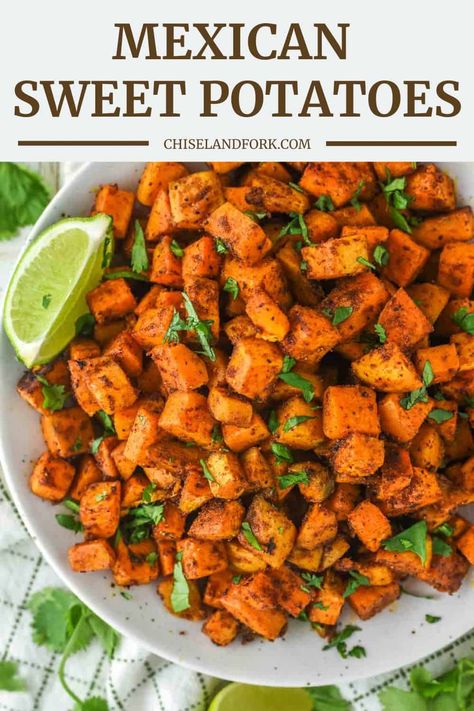 Mexican Baked Sweet Potato, Spicey Sweet Potatoes, Roasted Sweet Potatoes And Potatoes, Sweet Potato Mexican Recipes, Mexican Roasted Sweet Potatoes, Sweet Potato Side Dish Healthy, Mexican Sweet Potato Recipes, Whole Sweet Potato Recipes, Sweet Potatoes Side Dishes