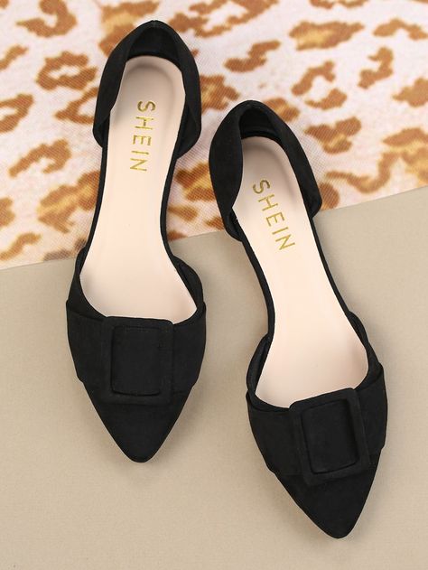 Buckle Accented Dorsay Flats | SHEIN Gel Nails Long, Denim Mules, Mule Flats, Pointy Flats, Elegant Flats, Flats Online, Ankle Strap Flats, Women Flats, Slingback Flats