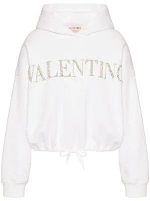 Valentino Rockstud Outfit, Valentino Ready To Wear, Crystal Logo, Hoodie White, Valentino Rockstud, Favorite Sweater, Crystal Embellishment, White Hoodie, Drawstring Waistband