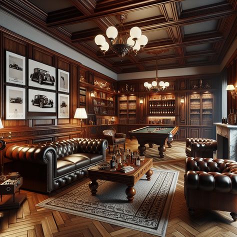 Experience timeless luxury in this opulent man cave, complete with vintage pool table, plush Chesterfield sofas, a well-stocked bar, and a cozy marble fireplace. Embrace nostalgia with classic car photos and the hum of a record player. #LuxuryManCave #VintageVibes #HomeDesign #InteriorInspo #ClassicLiving #LeatherSofaLovers Pool Table Lounge Room, Classic Basement Bar, Vintage Bar Table, Vintage Gentleman Room, Gentlemans Club Interior Design, Man Cave And Office Combo, Speakeasy Man Cave, Vintage Home Bar Ideas, Industrial Man Cave Ideas