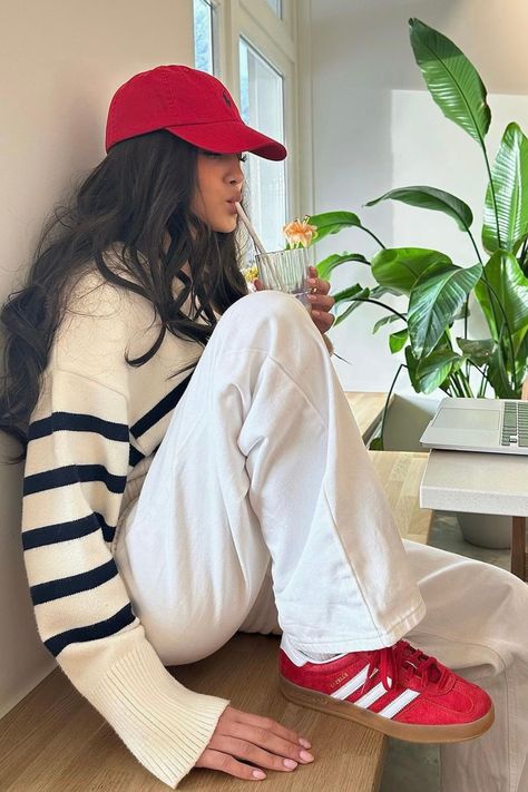 emilysupit on Instagram, red cap and red adidas gazelle comfy casual outfit, pink nails, stripey jumper, stripey pyjama, stockholm aesthetic scandinavian plant matcha Red Cap Outfit, Red Adidas Outfit, Red Sneakers Outfit, Red Shoes Outfit, Adidas Gazelle Outfit, Adidas Samba Outfits, Samba Outfits, Looks Adidas, Adidas Samba Outfit