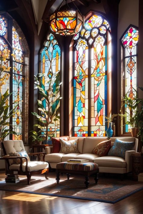 Step into a charming retreat that speaks the language of art and heritage through its stained glass panel decoration ideas. Evoking the splendor of Gothic cathedrals, the soaring windows boast vibrant stained glass panels adorned with floral and geometric patterns. The light that pierces through illuminates the room with a radiant tapestry. The furnishings take cues from the panels’ colors, exhibiting plush fabrics and classic silhouettes Stained Glass Living Room Window, Stained Glass Library, Stained Glass Windows Aesthetic, Stained Glass Bay Windows, Cathedral Decor, Stained Glass Windows In Homes Vintage, Stained Glass Room, Moroccan Stained Glass Window, Art Deco Stained Glass Patterns