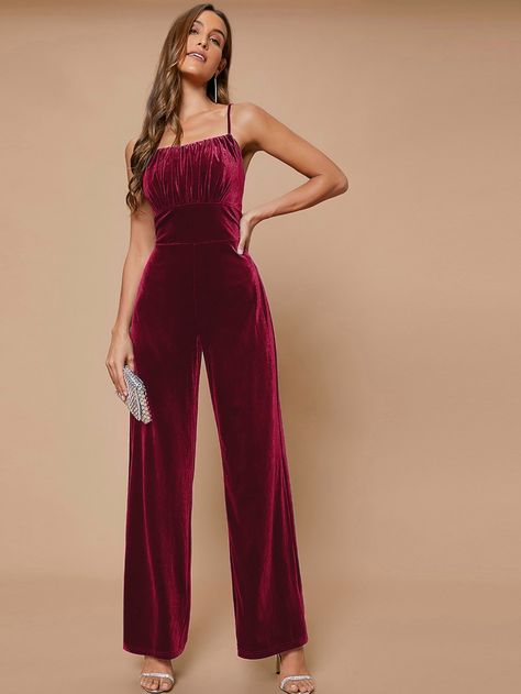 Burgundy Glamorous  Sleeveless Velvet Plain Cami  Slight Stretch All Women Jumpsuits & Bodysuits Outfits To Sew, 70s Inspired Outfits, Purple Jumpsuit, Fancy Short Dresses, Mini Jumpsuit, Reception Outfit, Formal Ideas, Kiss The Bride, Prom Poses