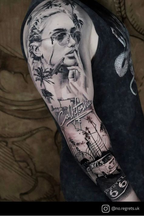 Full Sleeve Realism Tattoo, California Leg Sleeve Tattoo, California Sleeve Tattoo, Tattoo Sleeve Realism, Los Angeles Tattoo Design, Black And Grey Realism Tattoo Sleeve, Car Tattoo Sleeve, Hotel California Tattoo, Urban Tattoos Designs