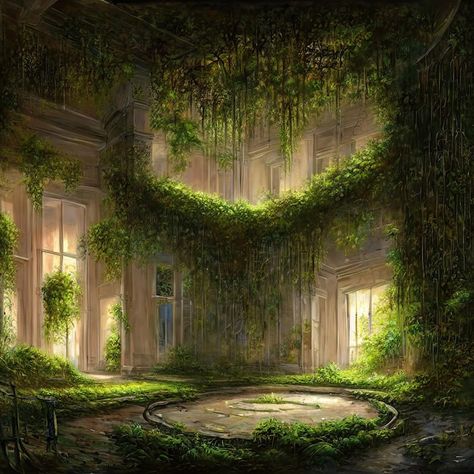 Castle Garden Fantasy Art, Overgrown Palace, Elfhame Palace Aesthetic, Fantasy Training Grounds, Fantasy Garden Aesthetic, Fantasy Garden Illustration, Fantasy Palace Interior, Fantasy Schools, Phoenix Story