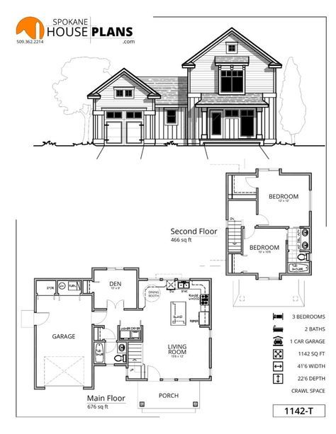 1142-T | Spokane House Plans House Sketch Plan, Sketch Plan, Small House Blueprints, Trendy House, Sims Inspiration, Small Floor Plans, Garage Apartment Plans, Small House Decorating, Barndominium Floor Plans