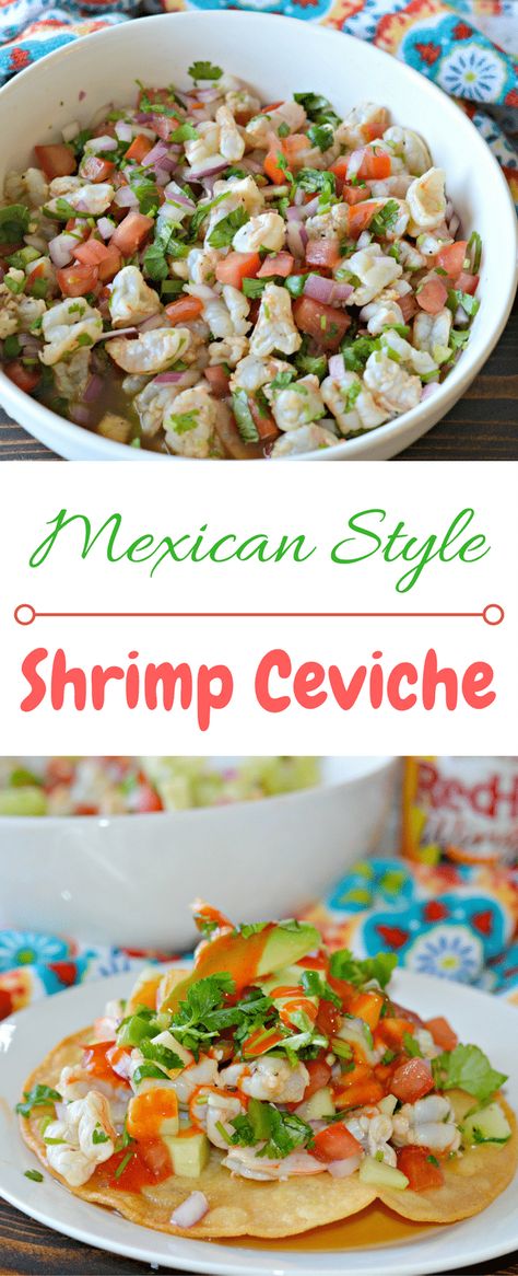 Shrimp Ceviche made with shrimp, lime juice, avocado, jalapeño, cilantro and finished off with Frank's RedHot for some delicious heat. #RedHotSummer #IPTSOE #Ad Mexican Civeche Recipe, Shrimp Civeche Recipe Mexican, Ceviche Recipe With Clamato, Shrimp Civeche Recipe, Civeche Recipe Shrimp, Shrimp Ceviche Recipe Mexican, Civeche Recipe, Mexican Style Shrimp, Ceviche Mexican