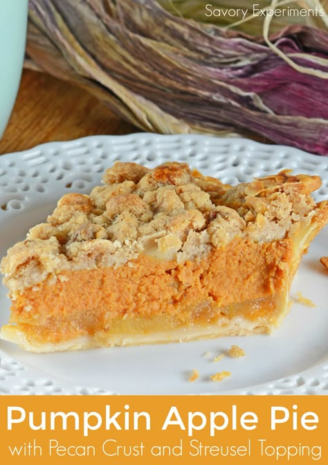 Pumpkin Apple Pie is the best of both worlds! Pumpkin pie and apple pie merged together in a pecan crust with streusel topping. Thanksgiving Recipes Dessert Pies, Pumpkin Apple Pie, Thanksgiving Desserts Pie, Apple Pumpkin Pie, Desserts Pie, Pumpkin Puree Recipes, Pecan Crust, Thanksgiving Dessert Recipes, Fun Thanksgiving Desserts