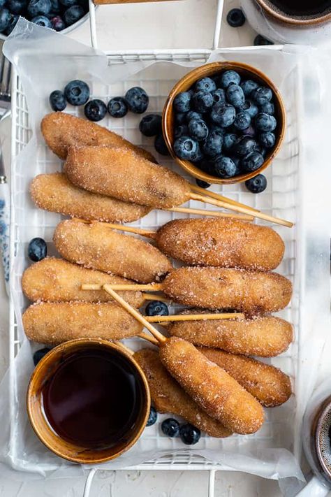 Pancake on a Stick - The Salty Marshmallow Breakfast Sausage Pancake Sticks, Homemade Pancake On A Stick, Pancake Mix Corndogs, Homemade Sausage Pancake On A Stick, Pancake Corndogs, Sausage And Pancake On A Stick, Sausage Link Breakfast Ideas, Sausage Pancakes On A Stick, Breakfast Corndogs