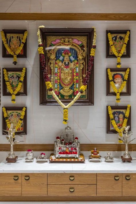 Hindu Pooja Room Designs, Big Pooja Room, Tanjore Painting Pooja Room, God Room Designs Hindu, Traditional Pooja Room Design, Pooja Room Ideas Indian, Pooja Room Door, Pooja Room Decor, Pooja Door