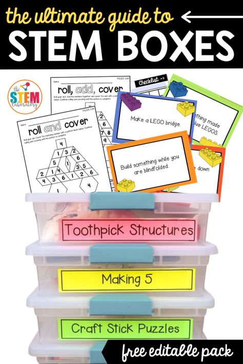 The Ultimate Guide to STEM Boxes - The Stem Laboratory Stem Bins Middle School, Stem Boxes Upper Elementary, Stem Stations Elementary, Stem Curriculum Elementary, Stem Bins First Grade, Stem Classroom Setup, Steam Crafts, Novel Engineering, Brain Bins