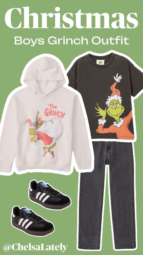 Outfit Ideas Boys, Grinch Graphic, Boys Outfit Ideas, Grinch Sweatshirt, Boys Winter Clothes, Boys Christmas Outfits, Adidas Sambas, Christmas Grinch, Outfit Christmas