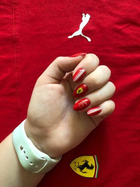 Charles Leclerc Nail Art, Formula One Inspired Nails, F1 Acrylic Nails, Ferrari F1 Nail Art, Charles Leclerc Inspired Nails, Ferrari Nail Design, F1 Nail Ideas, Ferrari Inspired Nails, F1 Tattoo Ideas Ferrari