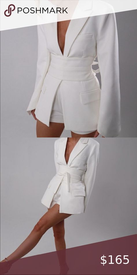 Ultimate Muse Blazer with Additional Belts | White White Blazer Dress, Inverted Triangle Outfits, White Biker Shorts, White Skater Skirt, White Bustier, Fashionable Work Outfit, Graduation 2024, Blazer Outfits For Women, Parisian Chic Style