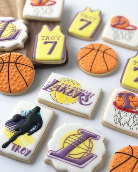 Lakers Cookies Decorated, Lakers Cookies, Lakers Birthday Party, Lakers Party, Basketball Baby Shower, Basketball Baby, Shower Stuff, Cookie Ideas, 11th Birthday