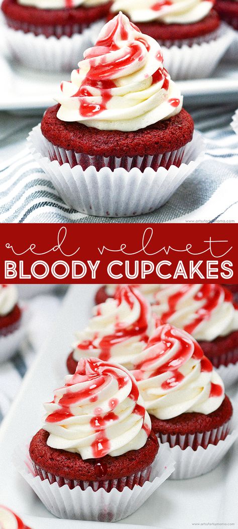 Halloween Red Velvet Cupcakes, Red Velvet Halloween Cupcakes, Vampire Desserts, Period Party, Red Velvet Cupcakes Recipe, Cream Cheese Buttercream Frosting, Cupcakes Halloween, Black Dessert, Raspberry Coulis