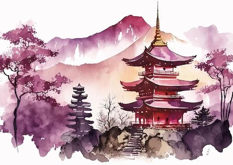 Chinese Pagoda Drawing, Japanese Temple Painting, Chinese Temple Painting, Japanese People Drawing, Japanese Pagoda Drawing, Chinese Temple Drawing, Japanese Temples, Japanese Pictures, Japanese Temple Drawing