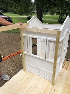 How To Redo A Plastic Playhouse, Little Tikes House Makeover, Playhouse Makeover Little Tikes, Repurposed Playhouse, Wood Playhouse Makeover, Step 2 Playhouse Makeover, Playhouse Redo, Plastic Playhouse Makeover, Little Tikes Playhouse Makeover