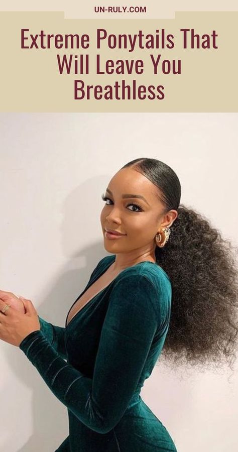 Sleek Ponytail For Curly Hair, Bushy Ponytail Black Women, Ponytail With Curly Hair Black Women, Dramatic Ponytail Hairstyles, Wedding Hairstyles Guest Black Women, Big Curly Ponytail Black Women, Bushy Ponytail Hairstyles Black, Black Wavy Ponytail, Pulled Back Ponytail Hairstyles