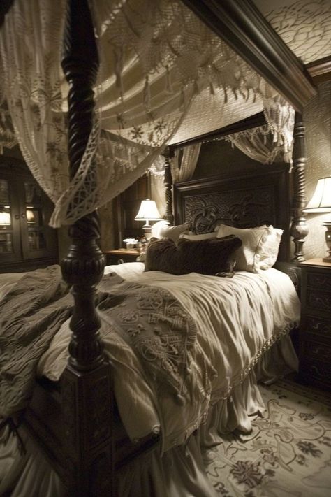 Mantel Decorating Ideas Bedroom, Dark Academia Gothic Bedroom, French Gothic Bedroom, Vampire Bedroom Aesthetic Victorian, White Gothic Room, White Goth Decor, 1920s Bedroom Aesthetic, Morute Bedroom, White Gothic Bedroom