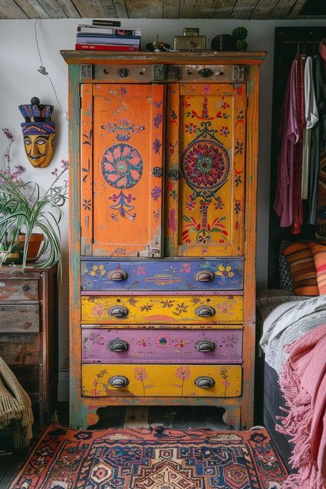 Boho Bedroom Storage, Upscaling Furniture, Ethnic Interior Design, Statement Cabinet, Boho Cabinet, Witches Decor, Boho Decorating, Ethnic Furniture, Boho Bedroom Colorful