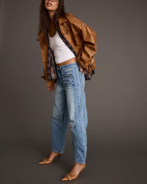 Introducing the Muse. We made a barrel jean. Thank us later. Camel Leather Jacket, Fall Bottoms, Party Bottoms, Brown Faux Leather Jacket, Concert Dresses, Fall Sweater Dress, Bridal Tops, Fall Wedding Guest Dress, Light Jeans