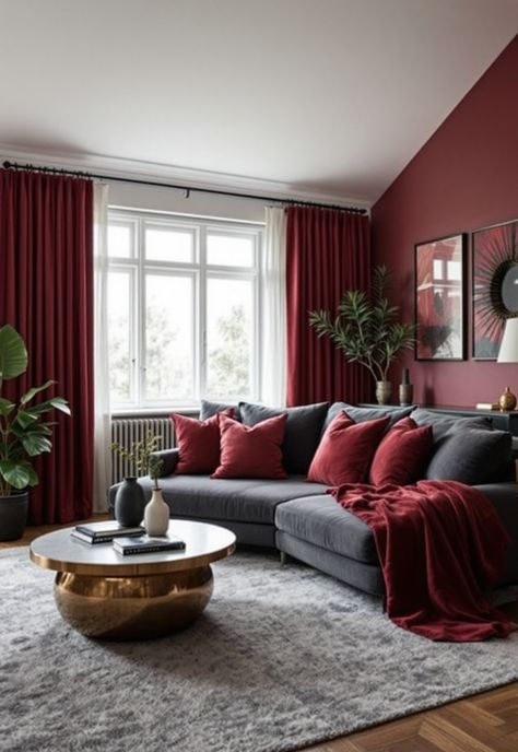 Dark Grey Couch Living Room Ideas Living Room Design With Grey Couch, Dark Maroon Living Room, Deep Red Living Room Decor, Red Rug Dark Grey Couch, Burgundy Couch Living Room Ideas, Red Wall Living Room, Dark Red Couch, Red Black And Grey Living Room Ideas, Maroon Living Room Ideas