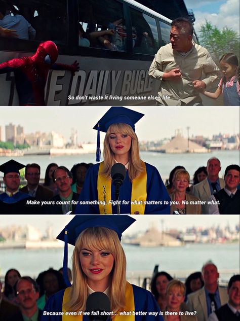 The Amazing Spider-man 2 (2014): Gwen Stacy speech (Part 2). Sometimes I need to hear that. #spiderman #marvel #theamazingspiderman #gwenstacy #emmastone #motivation #hope #life #purpose #individuals #goals #quotes Gwen Movie Quote, Gwen Stacy Falling Scene, The Amazing Spiderman Quotes, Gwen Stacy Quotes, Amazing Spiderman Quotes, Spiderman Quotes, Save Me Quotes, The Amazing Spiderman 2, Andrew Garfield Spiderman