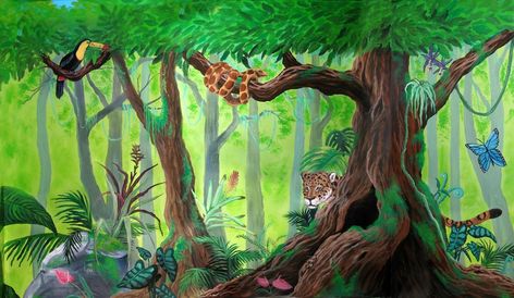 Rainforest Mural by Kchan27 Rainforest Mural, Rainforest Project, Jungle Drawing, Rainforest Theme, Jungle Mural, Forest Drawing, Forest Mural, Kids Room Murals, Jungle Scene