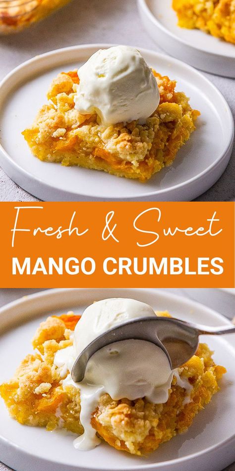 Enjoy the fruity & sweet mango crumbles to load tropical flavor! It is a sweet snack with fresh mangoes, lemon dash, and easy homemade crumbles. Perfect crumbly, crispy, rich, and vegan snack for your summer! What To Make With Frozen Mango, Leftover Mango Recipes, Dairy Free Mango Dessert, Gluten Free Mango Desserts, Mango Treats Dessert Recipes, Mango Pineapple Dessert, Mango Rice Dessert, Easy Dessert Recipes Fruit, Mango Dessert Recipes Easy Healthy