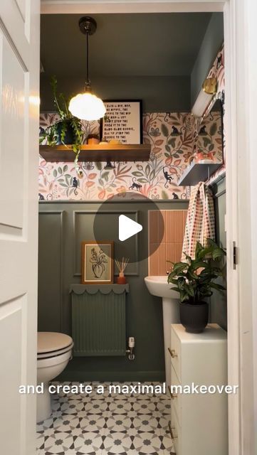 Dunelm on Instagram: "Would you LOO-k at this! 🚽 With self-adhesive tiles and pre-cut paneling, plus paper you can put up easy-peasy, doing up a little loo needn’t be a mammoth job. Here’s our stylist Fran to show you how...   #TheHomeofHomes  Products Featured: Dunelm Lilypad Matt Emulsion Paint - From £16 Panel Moulding Kit - £12 Monkey Walk Ochre Wallpaper - £12 Floorpops Stellar Self Adhesive Floor Tiles - £16 Ashwell Traditional Bathroom Pendant Light - £35 (30% off) Heart and Soul Scalloped Mirror - £34 Ripon Bathroom Wall Light - £26.60 Scallop Wooden Border - £12  [Video description: this is a short video showing a downstairs loo being transformed from plain white to colourful, with wallpaper, stick-on tiles and paneling, and sage-green paint.]" Downstairs Loo Wallpaper Ideas, Dunelm Lilypad Paint, Wall Panelling Downstairs Toilet, Paneling And Wallpaper Bathroom, Tiny Downstairs Toilet, Downstairs Toilet Panelling, Wc Ideas Downstairs Loo, Tiny Toilet Room Ideas, Bathroom Panelling Ideas