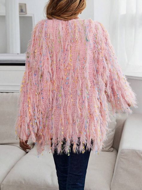 SHEIN Essnce Fringe Trim Fluffy Open Front Cardigan | SHEIN USA Color Pick, Fringe Trim, Open Front Cardigan, Shoulder Length, Front Open, Length Sleeve, New Arrivals, Yarn, Trim