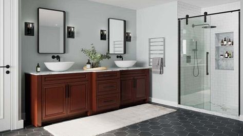 Charleston Cherry Bath Vanities Cherry Vanity Bathroom, Cherry Bathroom Vanity, Cherry Bathroom, Cherry Kitchen Cabinets, Kitchen Cabinets Upgrade, Cabinet Upgrade, Cabinet Samples, Affordable Kitchen Cabinets, Cherry Wood Cabinets