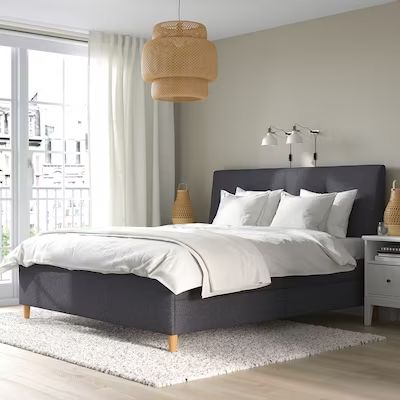 Ikea Bedroom Men, Dark Gray Headboard Bedroom, Dark Gray Bed, Cama Ikea, King Size Platform Bed, Grey Bed Frame, Upholstered Storage Bed, Ikea Bedroom, Ikea Bed