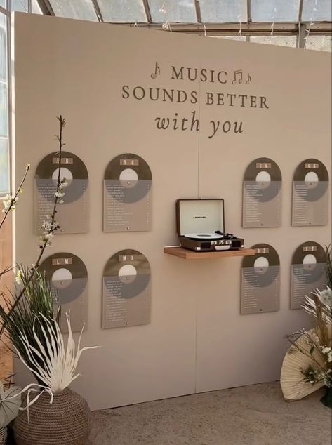 Record Wall Wedding, Album Seating Chart, Music Theme Wedding Ideas, Wedding Guest Entertainment Ideas, Cute Wedding Ideas Creative Unique, Diy Record Seating Chart, Classy Party Decorations, Wedding Trends 2025 Decoration, Records Seating Chart