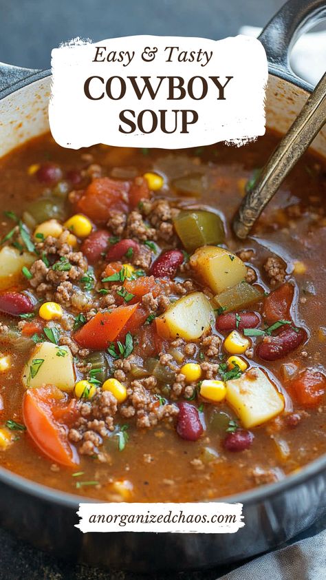 Chuck Wagon Soup, Soup With Group Beef, Dump Can Soup Recipes, Cowboy Stew Recipe Ground Beef Easy, Beef Comfort Food Recipes, Easy Cowboy Soup, Crock Pot Hearty Soups, Cowboy Stew Recipe Ground Beef Crock Pot, Aj Spurs Vaquero Soup Recipe