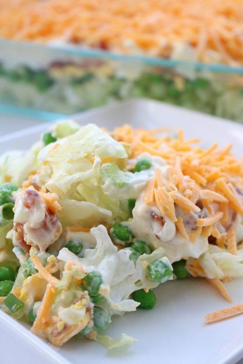 7 Layer Green Salad 7 Layer Salad, Lion House, Layer Salad, Seven Layer Salad, Layered Salad Recipes, Green Salad Recipes, Layered Salad, Pea Salad, Cold Salad