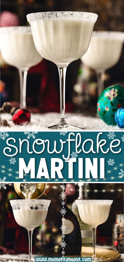 This stunning Snowflake Martini is the perfect blend of festive flavors and elegant simplicity! Artfully crafted with just three ingredients, this enchanting cocktail is the perfect way to celebrate this holiday season! | Mom On Timeout Snowflake Martini Vanilla Vodka, Frosty Snowman Cocktail, Fun Winter Alcoholic Drinks, Vanilla Vodka Christmas Drinks, January Cocktails Recipe, Baileys Holiday Drinks, Christmas Boozy Drinks, Expressing Martini, Yummy Drinks Alcohol