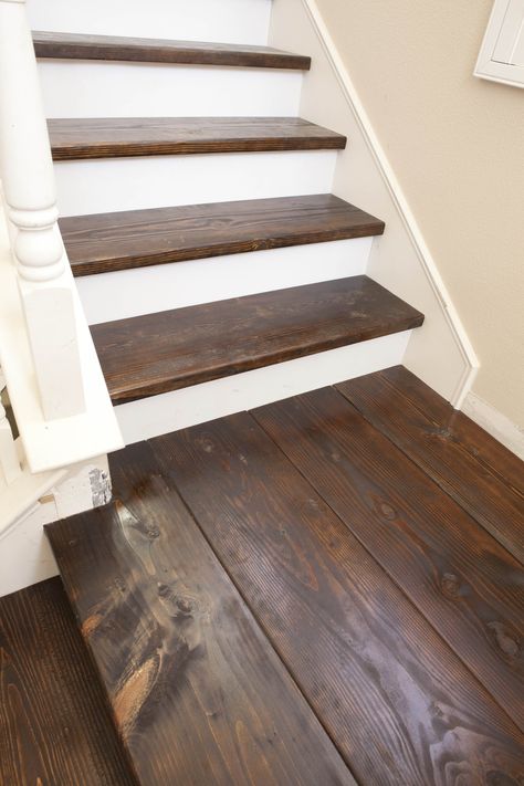 Love the white against dark stained wood- keeping this in mind for the maki stairs!.. Wood Floor Stairs, White Stair Risers, Farmhouse Staircase, Square Nose, Farmhouse Stairs, Future Farmhouse, Wood Stair Treads, Laminate Stairs, Stairs Railing