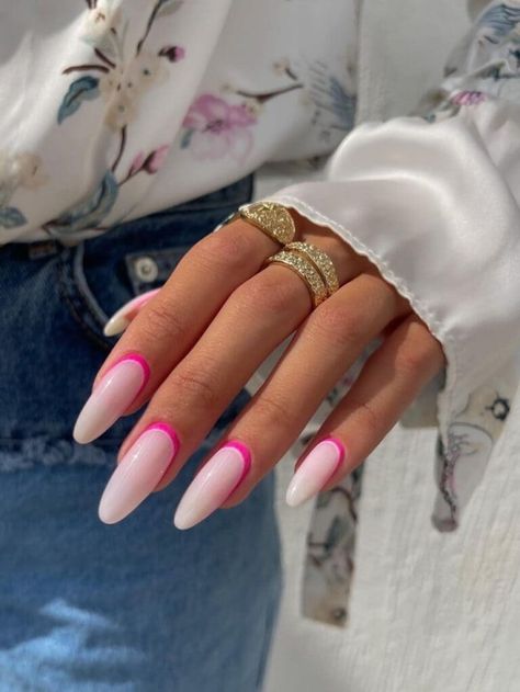 Bright Nails Ideas, White Nails Classy, Reverse French Nails, Pink French Tip Nails, Pink French Manicure, June Nails, Acrylic Nails Almond Shape, Pink Tip Nails, Pink French Tip