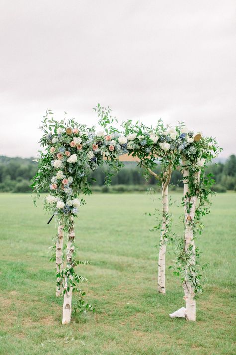 lauren josh wedding ceremony floral chuppah Birch Chuppah, Chuppah Flowers, Whimsical Wedding Theme, Olive Branch Wedding, Wedding Chuppah, Funky Wedding, Wedding Ceremony Ideas, Stowe Vermont, Vermont Wedding