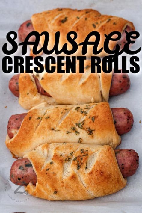 Sausage Crescent Rolls are perfect for potlucks, or just a movie night at home! Serve with pizza sauce, nacho cheese sauce or even ketchup! #ourzestylife #sausagecrescentrolls #recipe #appetizer #best #easy #cheesy #homemade #crescentrolls #pigsinablanket Sausage Links Wrapped In Crescent Rolls, Sausage Link Crescent Rolls, Smoked Sausage Crescent Rolls, Italian Sausage Crescent Rolls, Smoked Sausage Wrapped In Crescent Rolls, Sausage Wrapped In Crescent Rolls, Sausage Rolls With Crescent Rolls, Hot Links Recipes Dinners, Recipes With Ground Sausage