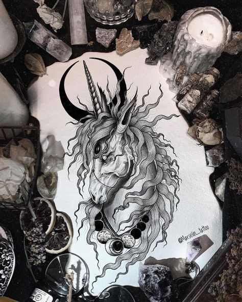 fantasy ink drawing Thestral Tattoo, Unicorn Tattoo Designs, Illustrative Tattoos, Horse Tattoo Design, Mystical Tattoos, Unicorn Tattoos, Unicorn Drawing, Witch Tattoo, Beautiful Unicorn