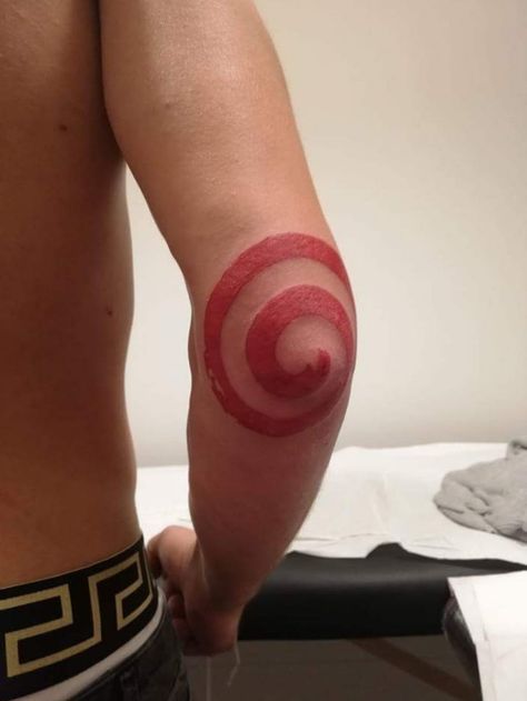 Saw Spiral Tattoo, Spiral Tattoo On Elbow, Jigsaw Spiral Tattoo, Red Swirl Tattoo, Elbow Swirl Tattoo, Abstract Elbow Tattoo, Spiral Leg Tattoo, Spiral Chest Tattoo, Spiral Arm Tattoo