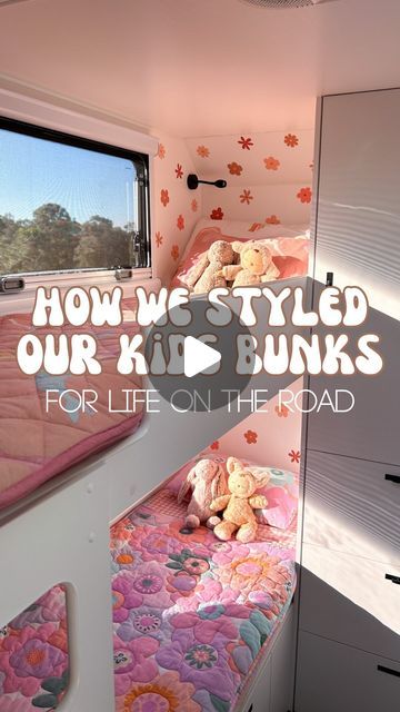 Brenden & Darci • Rippin Around Oz on Instagram: "🔆 Kids Bunk Area 🔆 Transforming our kids’ bunk beds into cozy spaces on the road! Check out these styling tips for caravan living👇🏼  Styling 〰 This is your child’s safe space, you want it to feel inviting! We went with some reusable flower wall decals. Reusable wall decals are a simple damage free way of adding decor to the bunk space. These ones are actually the same stickers that were used in Frankie’s nursery at our old house so it felt like the right choice & homely to the girls 🌸  Toys 〰 We have a small toy storage box which is actually a nappy caddy from Kmart, this is the perfect size and easily accessible for the kids! We have other toys in the drawers below their bunks but the caddy holds their “most played” with toys 🤗  Book Bunk Bed Makeover, Caravan Bunk Beds, Caravan Bunks, Small Toy Storage, Bunk Bed Sheets, Nappy Caddy, Caravan Living, Caravan Interior, Girls Toys